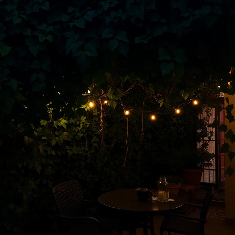 Ivy-covered patio with warm string lights