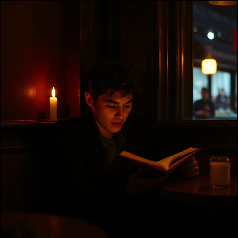 A person reading in a dimly lit cafe corner