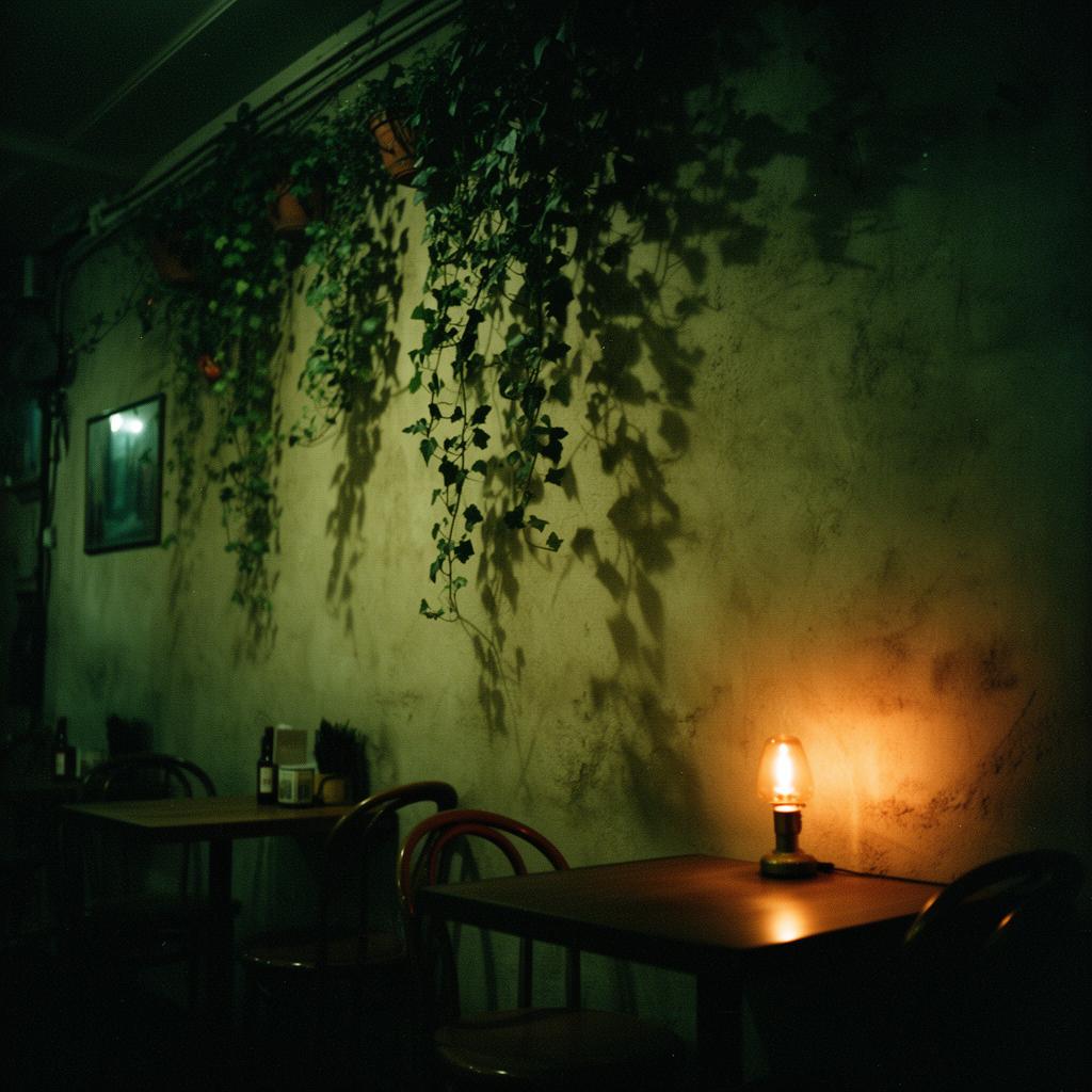 Interior of Kafeterija Hlad — moody green light, ivy shadows, a single warm lamp